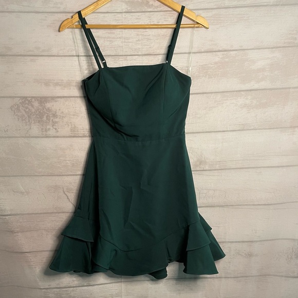 Dear Moon Sleeveless Square-Neck Tie-Back Ruffle-Hem Scuba Dress Green Size 5 - Picture 1 of 9